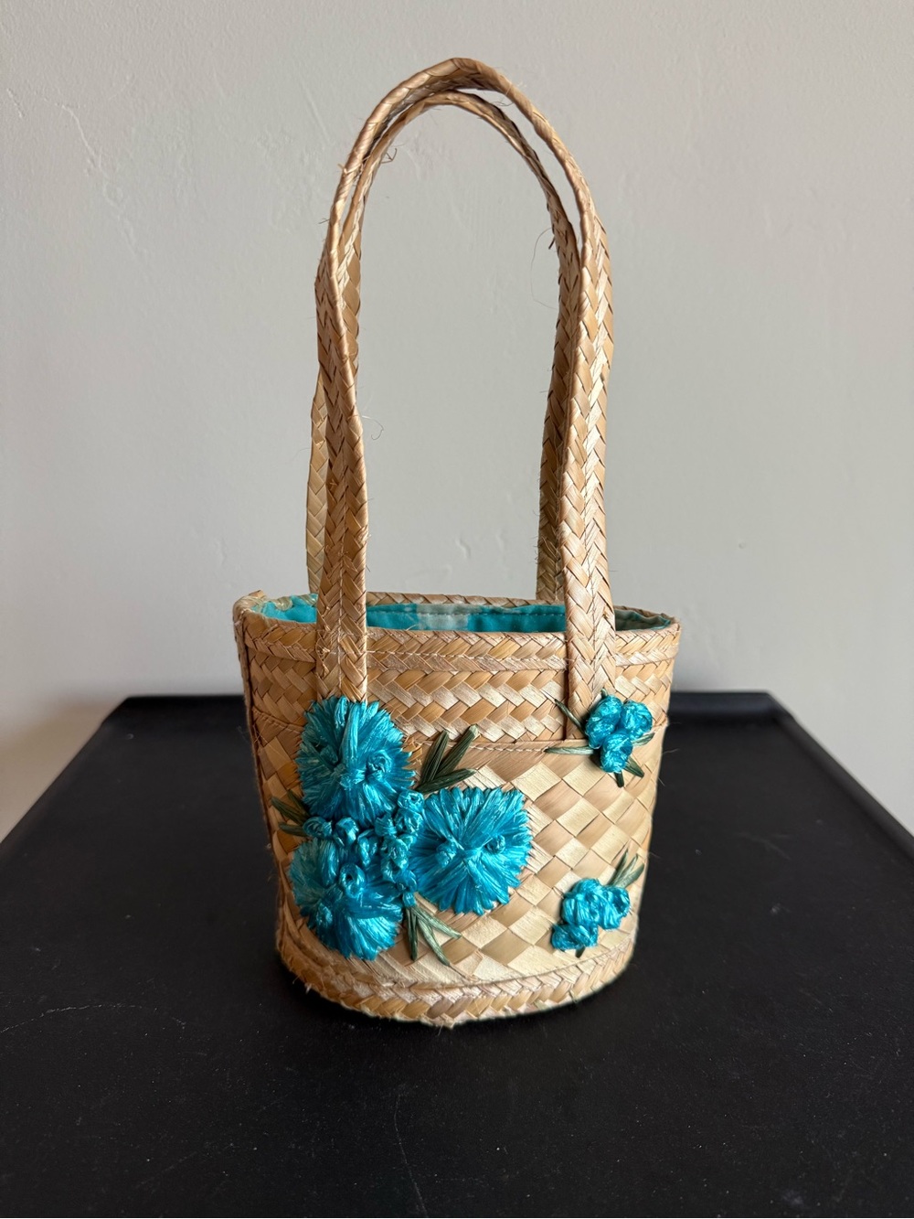 Bahamian Woven Straw Mini Tote with Turquoise Floral Embroidery